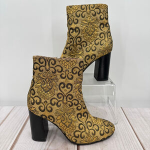 Seychelles Ankle Boots Black & Gold Brocade Jacquard Regency Victorian 3.5” Heel